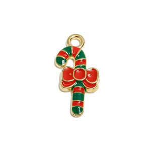 Alloy Enamel Candy Cane Charm - Christmas Bow Design - Holiday Jewelry Component - DIY Christmas Jewelry Making Part - 20x9.67x2mm - AC3411