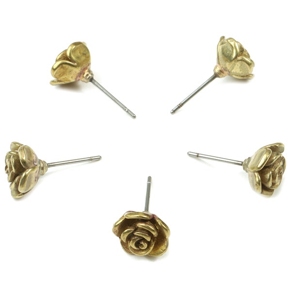 Brass Rose Earring Stud - Raw Brass Rose Earring Post - Steel Stud - Earring Post - Jewelry Supplies - 9.45x9.45x1.13mm - PP3077