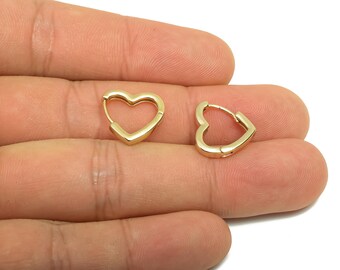 Brass Heart Hoop Earring - Brass Huggie Hoop Earring - Brass Heart Clasp Hoop Earring - 18K Real Gold Plating - 13.7x13.5x1.49mm - RGP8116
