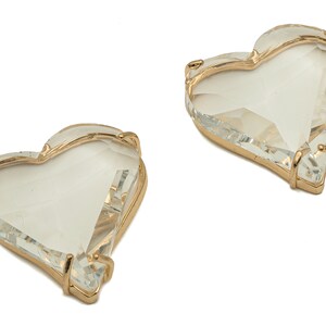 Faceted Glass Heart Earring Charm - Clear Glass Heart Pendant Charm - Gold Tone Plated Brass Framed -Modern Jewelry-26.15x25.8x7.1mm-GS1150D