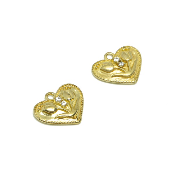 Brass Tulip Earring Charm - Raw Brass Heart Tulip Pendant - Cubic Zircon Tulip Earring Charms - Brass Botanical Charm -11x13.56x2mm- PP8684