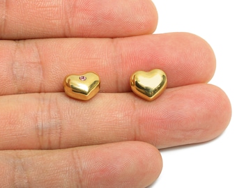 Shiny Gold CZ Heart Bead - Beads With Sparkling Pink Crystals - Sparking Heart Cubic Zircon Bead  - 14K Real Gold - 10x8x6mm - SS1677