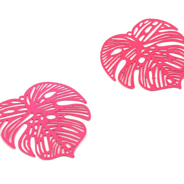 Fushia Pink Monstera Pendant - Brass Monstera Charm For Necklace - Earring Supplies - Color Code: J15 - 37x36.43x5.47mm - JJB5106-J15