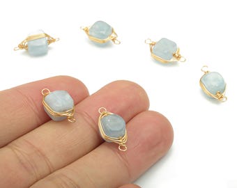 Blue Lace Agate Faceted Natural Stone Connectors - Brass Wire Wrapped Stone Bracelet - Gold Tone Plated Brass – 16.51x8.24x7.13mm – NS1653C