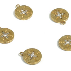 Brass Round Earring Charms with Zircon – Raw Brass Star Earring Bracelet Charms – DIY Jewelry Making Supplies – 10.14x8.71x1.5mm – PP3836