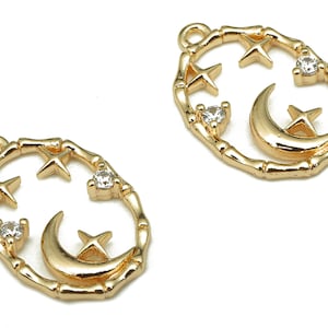 Brass Oval Crescent Earring - Zircon Star Earring Charm - Pendant With Loop - For Necklace - 18K Real Gold Plating - 16.4x10.7x1.3mm-RGP5306