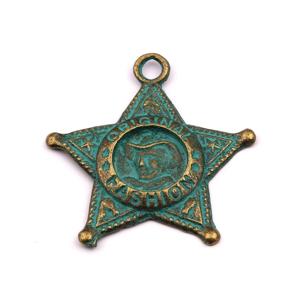 Faux Patina Pendant - Star Shaped - Alloy Charms - Antique Bronze Tone Necklace - Zinc Alloy Beads - Sheriff Star - 39x35x3mm ZZ1075