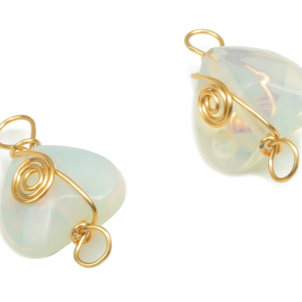 Opal Heart Earring Connector - Brass Wire Wrapped Heart Pendant - Faceted Natural Stone - Gold Tone Plating - 17.22x10.38x6.1mm - NS1864A