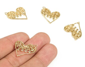Messing Herz Ohrring Charms mit Zirkonen - Gold aushöhlen Anhänger - 18K echt vergoldetes Messing - Schmuckzubehör - 24.5x21x1.7 mm- RGP3454