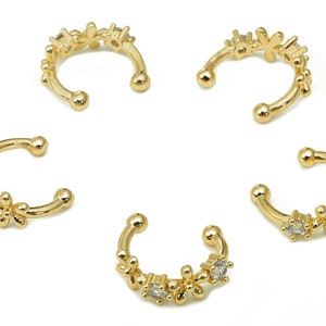 Brass Flower Open Round C Ring - Septum Ring With Zircon - Cartilage Earring - 18K Real Gold Plated Brass - 14.23x11.34x2.13mm - RGP5458