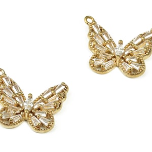 Brass Butterfly Earring Charms – Zircon Butterfly Pendant - Raw Brass Butterfly Charm - Jewelry Making Supplies - 16.82x14.05x3.07mm- PP4406