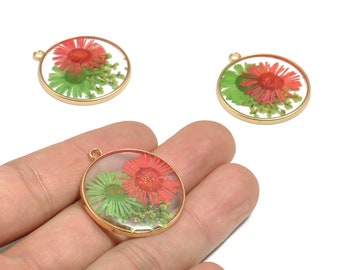 Resin Round Earring Charms - Resin Real Dried Flower Pendant