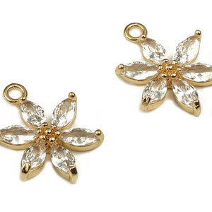 Messing Blumen Ohrring Charms mit Zirkonen - Gold Blumen Anhänger - 18K echt vergoldetes Messing - Schmuckzubehör - 18.92x15.29x3.2mm - RGP3936