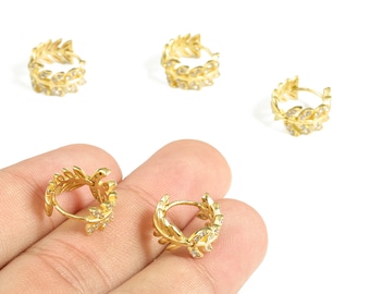 アクセサリー Luthien Tiny Branch Leaf Hoop Earring - Zircon Stud Earring - Brass