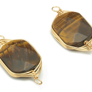 Tiger eye Faceted Natural Stone Earring Connectors - Brass Wire Wrapped Square Charms - Gold Tone Plated Brass – 22.72x11.19x5.1mm – NS1655D