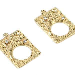 Brass Rectangle Earring Charms With Zincon - Gold Rectangle Flower Pendant - 18K Real Gold Plated Brass - 25.15x17.16x2.62mm - RGP2542