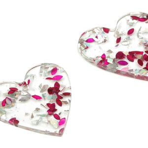 Clear Acrylic Heart Earring Charms - Acrylic Heart Pendant - Silver Pink Foil and Confetti - Color Code: A438 - 31.9x31.2x2.6mm- AC1431-A438