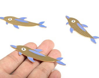 Delfín de aluminio para pasador de pelo - Charm chapado en oro - Delfín de aluminio para pinza de pelo - Charm de delfín - 73,42 x 26,51 x 1,2 mm - AA1147B