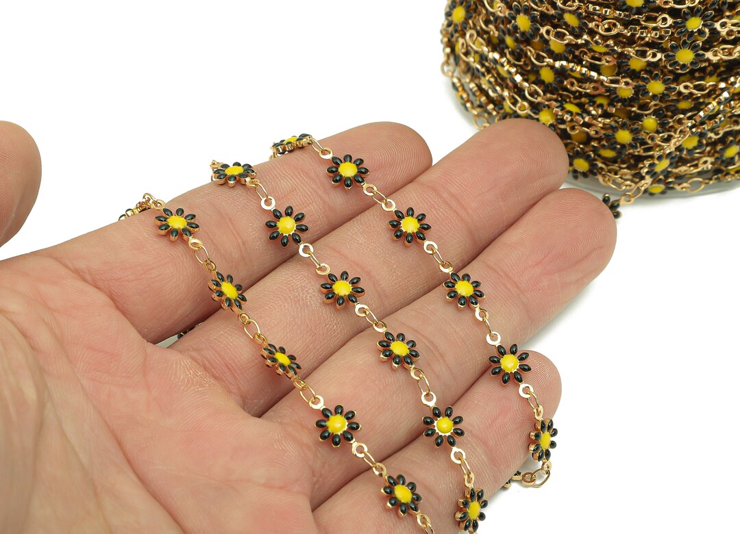 Brass Daisy Chain - Enamel Black Flower Chains - Floral Link Chain ...