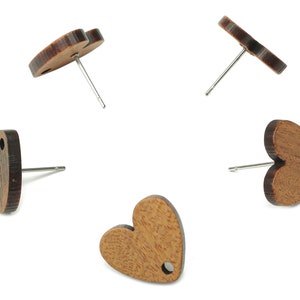 Walnut Wood Heart Earring Stud Connector - Walnut Wood Heart Earring Post - 316 Surgical Stainless Steel Stud - 15.13x13.97x2.64mm - BB1249