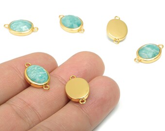 Amazonite Faceted Oval Earring Connectors - 10x12mm Natural Stone  - Brass Oval Charms - Gold Tone Plated Brass – 18.15x10.95x4.7mm–NS1671J