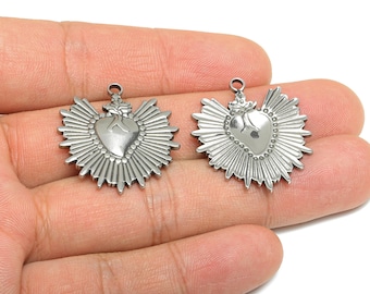 Hjärthänge i rostfritt stål - Sacred Heart Charm - Mexikanskt Milagro Flaming Heart-hänge - Hjärta och flammor-amulett - 29x26x2mm - SS2100