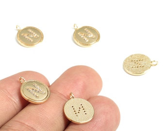 Brass Round Letter N Charm – Initial N Gold Round Pendant – 18k