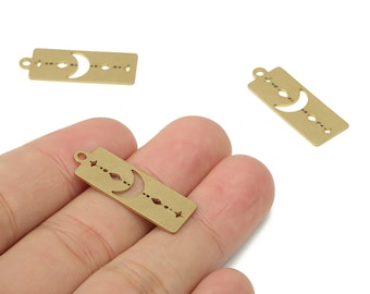 Brass Rectangle Bar Crescent Plant Diamond Moon Earring Charms - Raw Brass Moon Star Pendant - Jewelry Supplies - 29.77x11x0.67mm - PPA3997