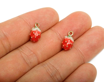Alloy Enamel Strawberry Charms - Red White Strawberry Jewelry Charm - Enamel Fruit Accessory - Metal DIY Craft Supplies - 14x7x7mm - AC3498A