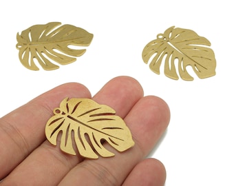 Brass Monstera Earring Charms - Raw Brass Leaf Earring - Leaves Pendant With Loop - Botanical Charm - 36.04x30.22x0.68mm - PPA5679