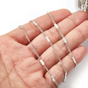 Hammered Satellite Curb Chain - Brass Chain - Silver Tone Plated Chain - Soldered Chain - 0.10&quot; x 0.07&quot; x 0.11&quot; - CC1108S