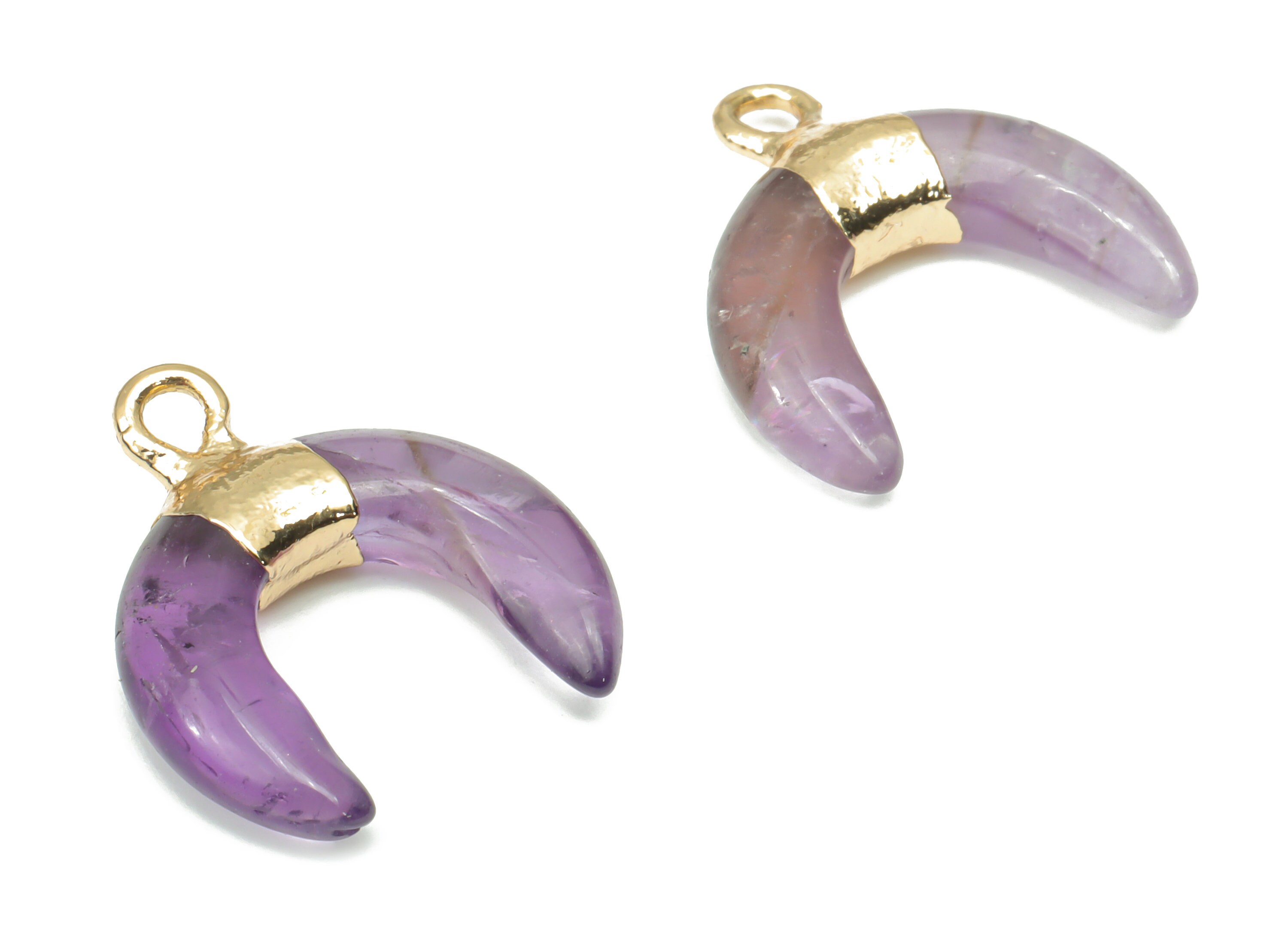 Amethyst Ox Horn Charms - Brass Crescent Pendant - Natural
