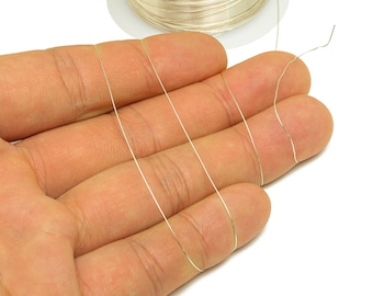 May include: Close-up of thin, silver-colored wire strands held in a hand. The wire is unspooled from a white spool in the background. The wire appears to be delicate and flexible, suitable for jewelry making or crafts.