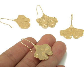 Brass Wires Ginkgo Earring - Brass Ear Leaf Earring -Textured Botanical Earring- 18K Real Gold Plating - 37.34x 29.27x 1.24mm - RGP6077