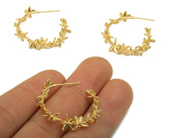 Brass Open Hoop Earring Stud - Flower Earring Post - Brass Leaf Post - Branch Hoop Earring - 18K Real Gold Plated - 31.28x28x5.78mm- RGP6373