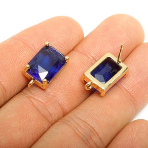 Pendiente rectangular de latón con cristal - Pendiente con engaste azul - Pendiente de cristal con argolla - Poste facetado para pendientes DIY - 17x10x5mm-AC3203
