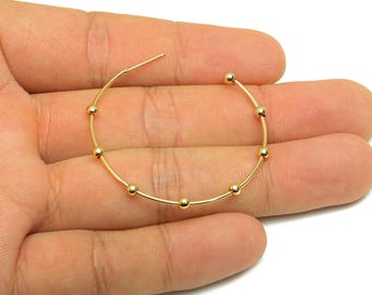 Brass Hoop Earring Stud - Brass Open Hoop Earring Post - Geometry Beaded Hoop Earring Post - 18K Real Gold Plated - 41x40x2mm -RGP7856