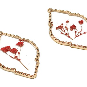 Epoxidharz Diamant Echte Blume Ohrring Charms - Epoxidharz Babysbreath Anhänger - Vergoldete Legierung - 54,83x33,16x2,88mm - ZZ1889