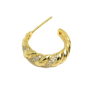 Brass C Earring Stud - Open Hoop Earring - Zircon Hoop Earring Stud - Twisted Gold Earring - 18K Real Gold Plated Brass- 21x18x6mm - RGP9437