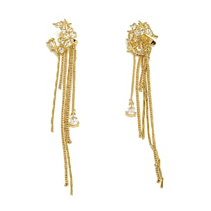 Brass Moon Star Ear Cuff - CZ Gold C Tassel Earring Cuff - Zircon Cartilage Cuff Chain Ear - 18K Real Gold Plated - 105x17x9.8mm - RGP7612