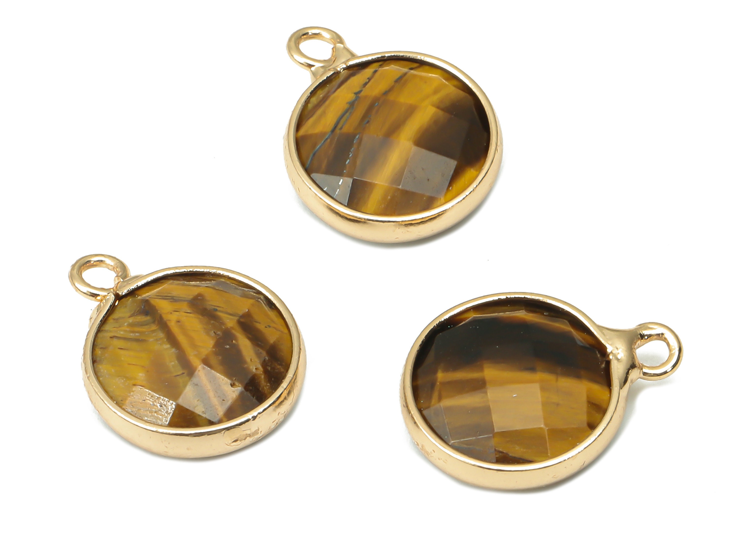 片耳 ビアリング Tigereye Round Earring Charms - Brass Circle Pendant