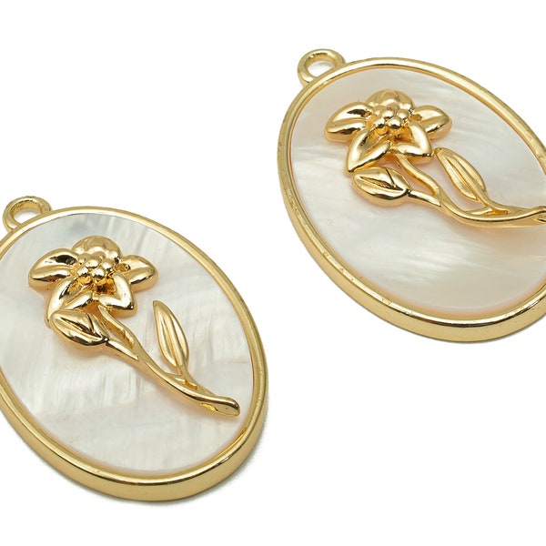 Brass Flower Shell Oval Earring - Pearl Drop Daffodil Pendant - Necklace Charm With Loop - 18K Real Gold Plating - 27.1x17.8x4.3mm -RGP5647C