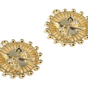 Brass Round Arrow Earring Charms With Zircons - Gold Circle Arrow Pendant - 18K Real Gold Plating - 17.66x16.69x2.05mm - RGP2887