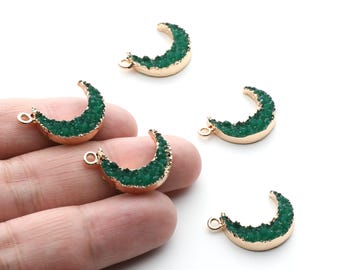 Druzy Earring Charms - Green Resin Copper Earrings for Right Side - Moon Shaped Pendant  - 24.34x15.92x5.14mm - RC1007N