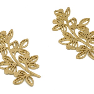 Raw Brass Branch Earrings Charms - Brass Filigree Flower Cutout Charms - Botanical Pendant - Jewelry Making - 39.38x21.8x0.9mm - PPA4160
