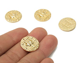 Gemini Round Charm - Raw Brass Horoscopes Charms - Zodiac Necklace - Brass Zodiac Pendant - 18K Real Gold Plated - 19.4x19.4x3mm - RGP4783K