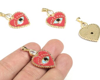 Brass Heart Eye Earring Charms - 18k Real Gold Plated Heart Eye Pendant - Enamel Zircon Charm - 35.39x21.63x3.36mm - RGP2664