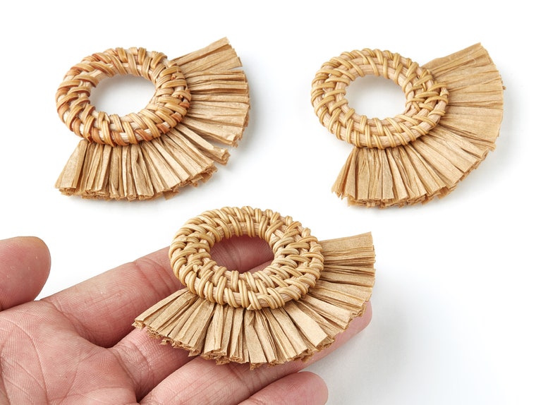 Handwoven Rattan with Raffia Tassels Charms RT1156 Round Shaped Rattan Pendant With Straw 58.3x75.9x6mm Wooden Straw Earring