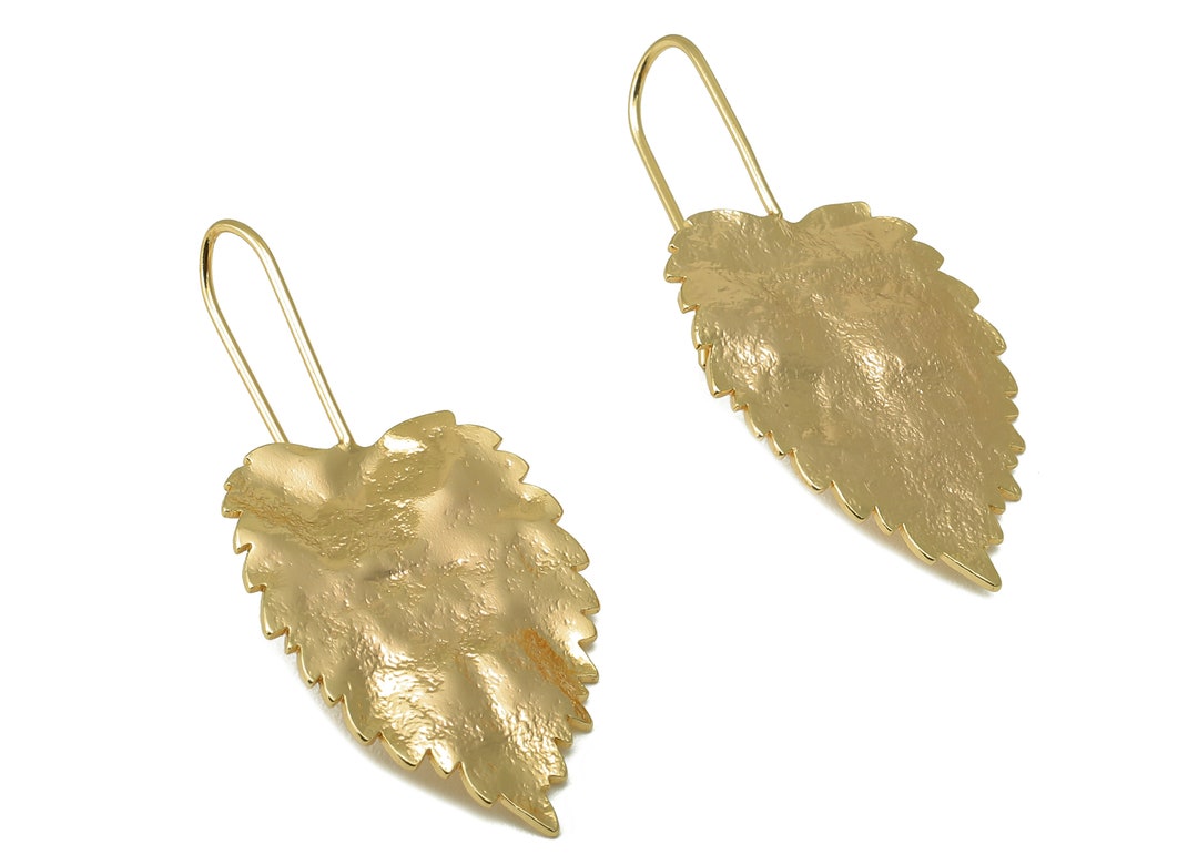 Brass Textured Leaf Earrings Gold Leaf Earring Wire 18k Etsy