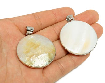 Seashell Round Pendant - Crushed Shell Mother of Pearl Pendant - Natural Mosaic Shell Pendant - Alloy Pendant - 43.5x39.39x8.31mm - EE8981